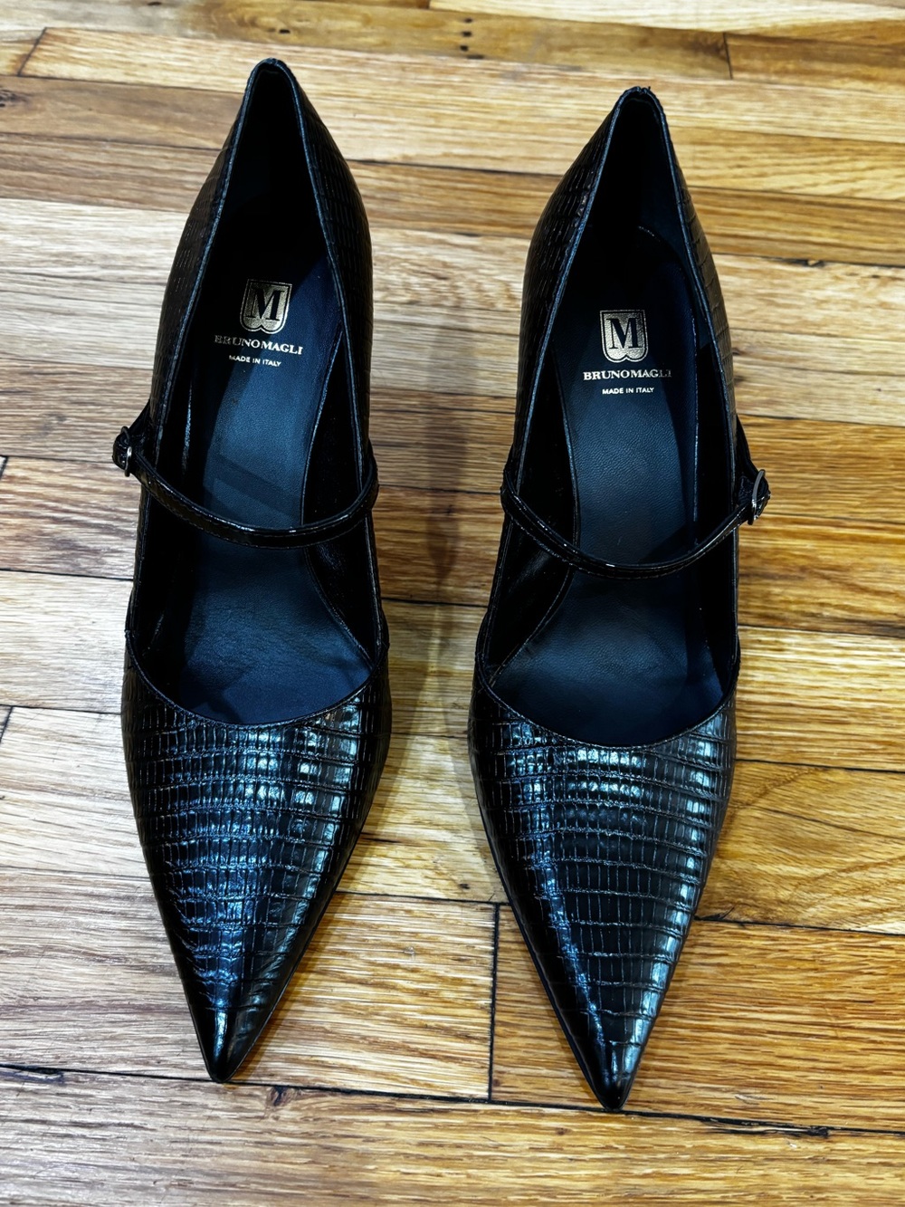 Bruno Magli Black Panna Mary Jane Leather Pointy Toe Heels Made In Italy Size 10